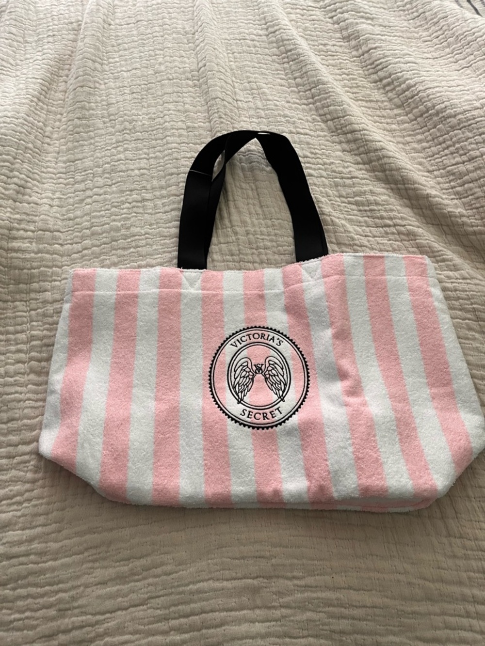 Victoria's Secret Pink and White Striped Logo Tote with Black Handles